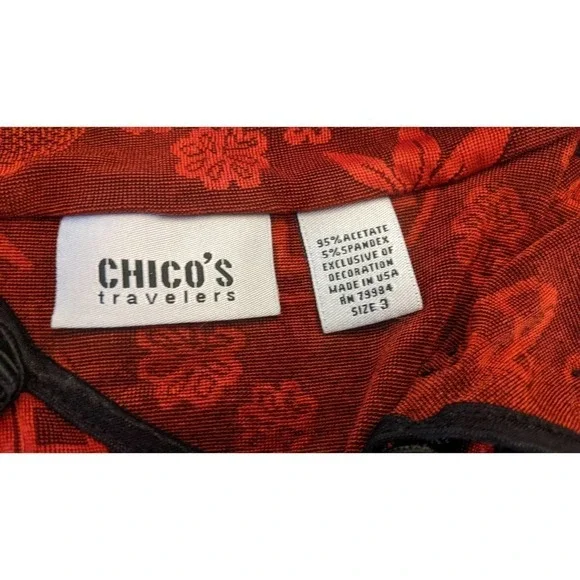 Chico's Red & Black Asian Inspired Cap Short Sleeved Shirt, Size 3 - Picture 9 of 9